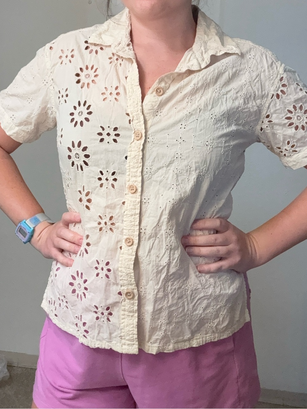 American Eagle Classic Eyelet Button-Up Shirt in Cream
